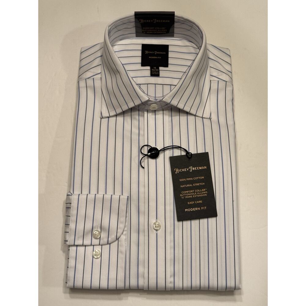 15 32/33 Hickey Freeman Modern Fit Easy Care Blue Stripe White Dress Shirt NWT